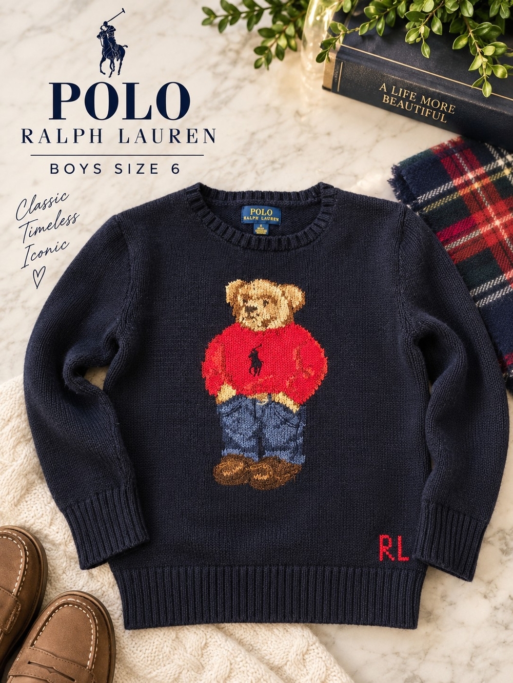 Polo Ralph Lauren Boys 6 Polo Bear Intarsia Cotton Knit Sweater Navy RL